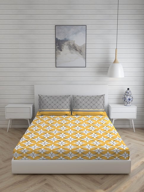 Layers Siena Printed Yellow 225 TC Cotton Double Bed Sheet with 2 Pillow Covers-picture-19