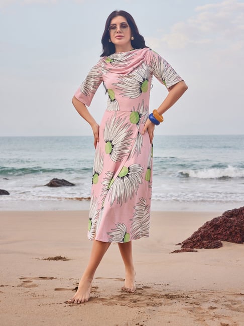 PURVAJA Light pink Knitted Floral Print Midi Dress