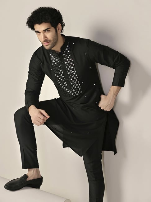 Buy Kisah Black Regular Fit Embellished Kurta Bottom Set for Mens