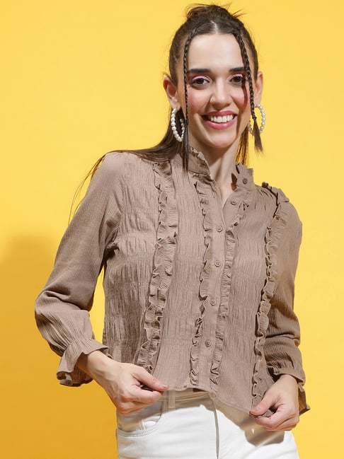 Oxolloxo Brown Cotton Regular Fit Crop Shirt-picture-13