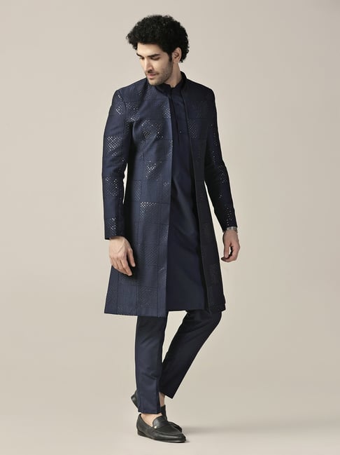 Kisah Blue Regular Fit Embellished Sherwani Jacket