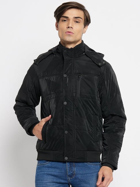 Duke Black Slim Fit Quilted Hooded Jacket-image-36