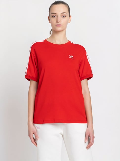 Adidas Originals Red Cotton Striped Sports T-Shirt