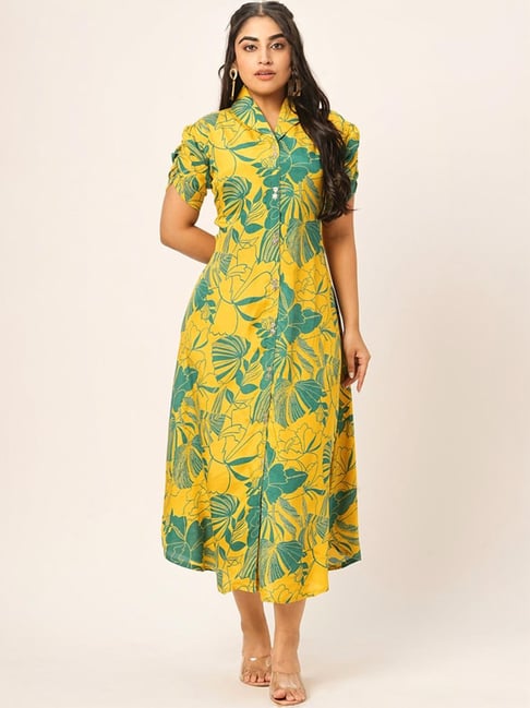 Odette Yellow Cotton Floral Print Shirt Dress