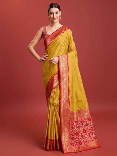Monjolika Mustard Banarasi Tissue Silk Zari Woven Saree with Blouse-picture-47