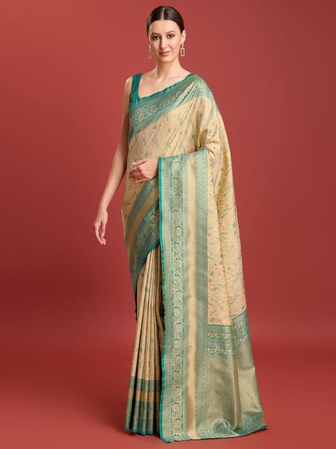 Monjolika Beige Banarasi Tissue Silk Zari Woven Saree with Blouse-picture-36