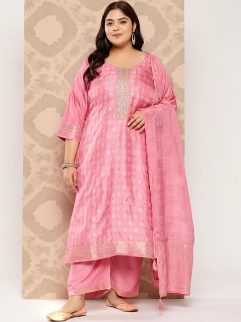 Extra Love By Libas Pink Embroidered Kurta Palazzo Set With Dupatta