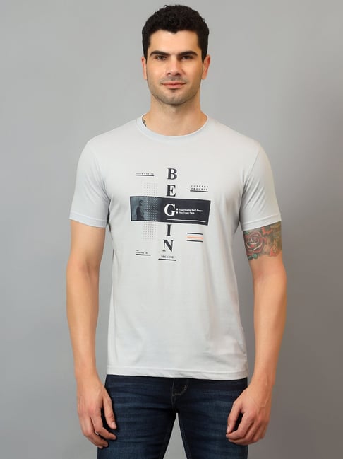Cantabil Grey Regular Fit Printed Crew T-Shirt-picture-14