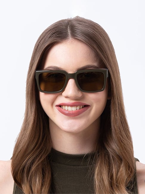 Shisen Fox Kokoro Olive Crystal Rectangular Unisex UV Protection Sunglasses  -54 mm