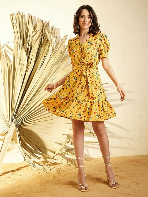 Mustard floral wrap dress on sale