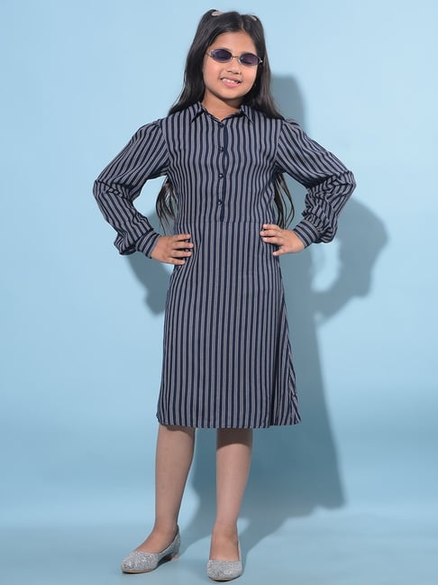 Crimsoune Club Kids Navy Striped Full Sleeves A-Line Dress