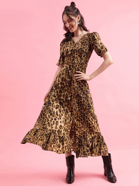 Womens Dresses Leopard Button Up Dress SELVIA Brown Beige Animal