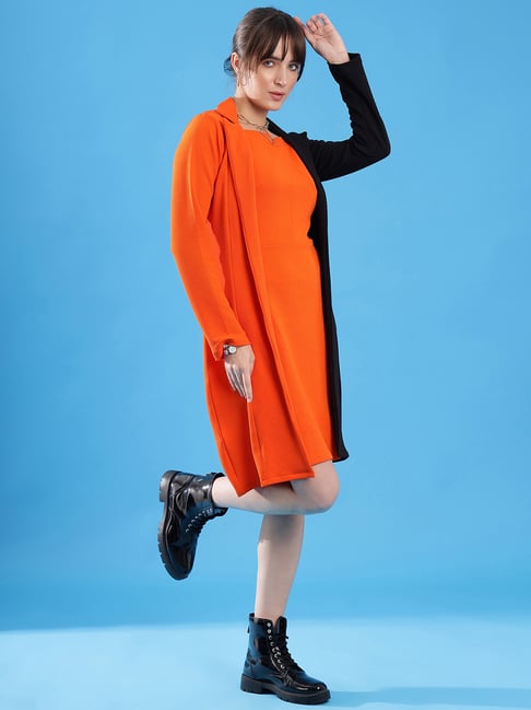 SELVIA Orange & Black Color-Block A Line Dress With Jacket