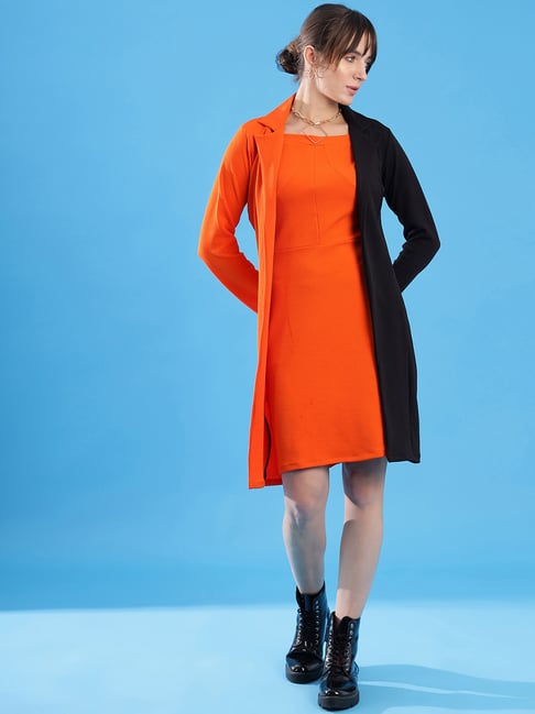 SELVIA Orange & Black Color-Block A Line Dress With Jacket