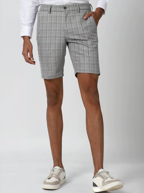 Peter England Grey Slim Fit Checks Shorts-picture-39
