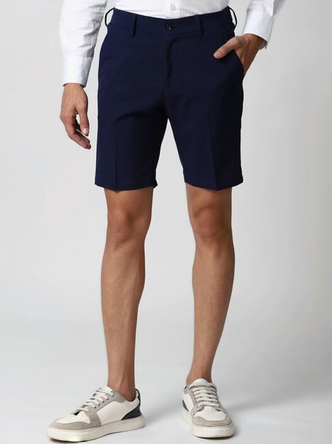 Peter England Navy Slim Fit Checks Shorts-picture-11