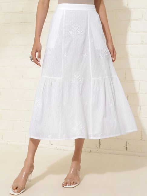 Fabindia White Cotton Embroidered A-Line Skirt-picture-24