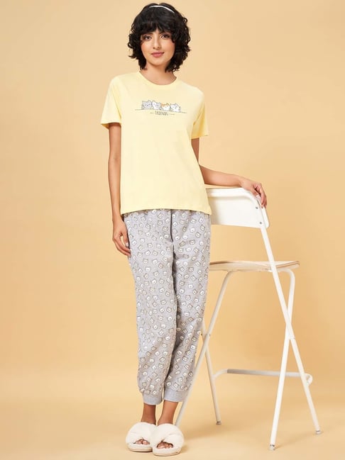 YU by Pantaloons Yellow & Blue Cotton Printed T-Shirt Pyjamas Set