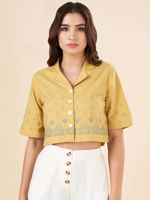 Akkriti by Pantaloons Yellow Embroidered Cropped Shirt-picture-32