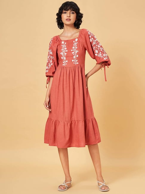 Honey by Pantaloons Rust Embroidered A-Line Dress ADAWAS アダワス  
