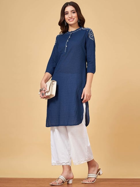 YU by Pantaloons Navy Embroidered Straight Kurta-picture-15