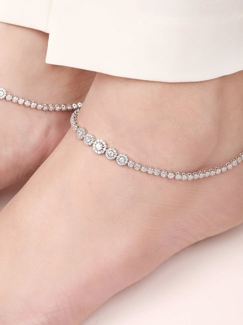Zavya Glimmering Fusion Floral CZ Rhodium Plated 925 Sterling Silver Anklet-picture-39