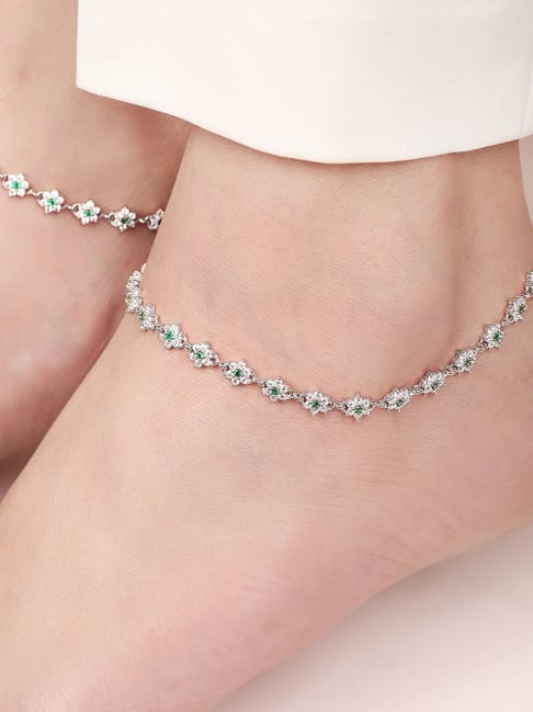 Zavya Floral Green CZ Rhodium Plated 925 Sterling Silver Anklet-picture-45