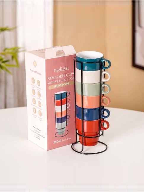 Nestasia Multicolour Stackable Tea Cups With Stand Set Of 6 250ml