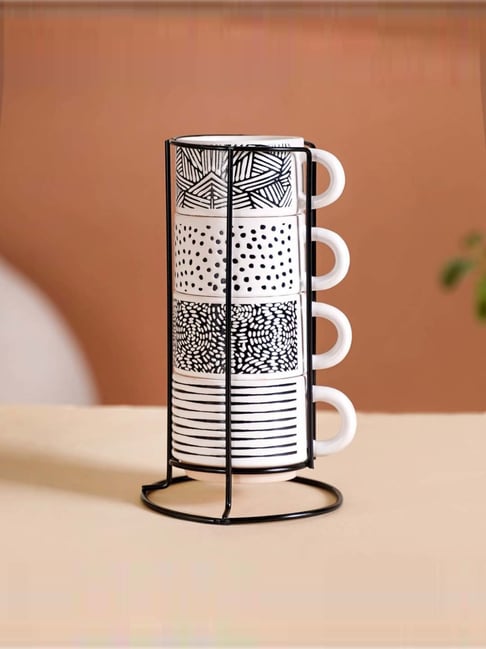 Nestasia Black-White Stackable Cups Set Of 4 With Stand 100ml
