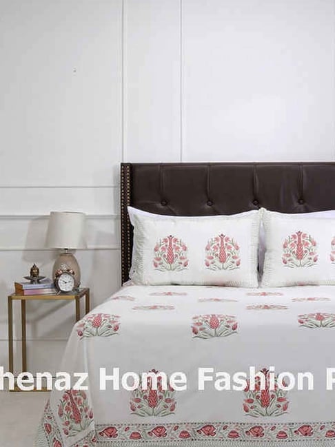 Shahenaz Pink & White 220 TC Cotton Bagh-E-Kaamil Double Bedsheet with 2 Pillow Covers-picture-17