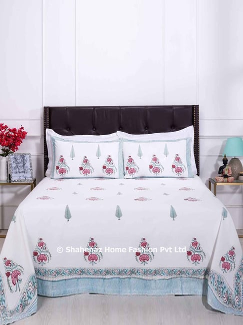Shahenaz Aqua & White 220 TC Cotton Charvi Double Bedsheet with 2 Pillow Covers-picture-29