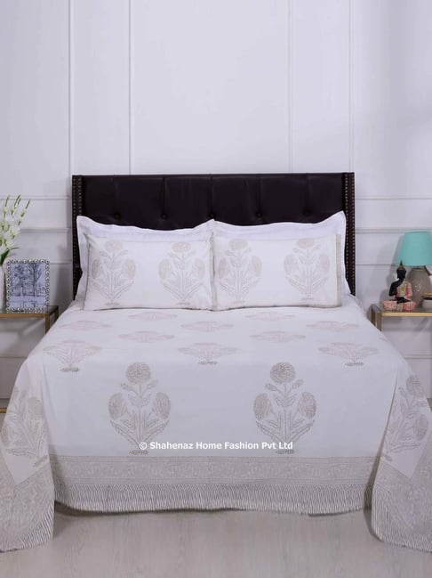 Shahenaz Beige 220 TC Cotton Blooming Phool Double Bedsheet with 2 Pillow Covers-picture-23