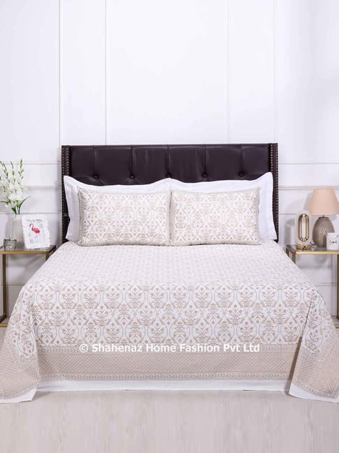Shahenaz White & Golden 120 TC Cotton Pastel Double Bedsheet with 2 Pillow Covers-picture-47