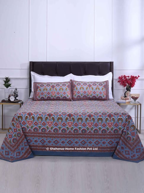 Shahenaz Blue 120 TC Cotton Mahi Double Bedsheet with 2 Pillow Covers-picture-48