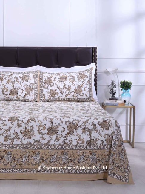 Shahenaz Beige & Brown 120 TC Cotton Rama Victoria Jaal Double Bedsheet with 2 Pillow Covers-picture-41