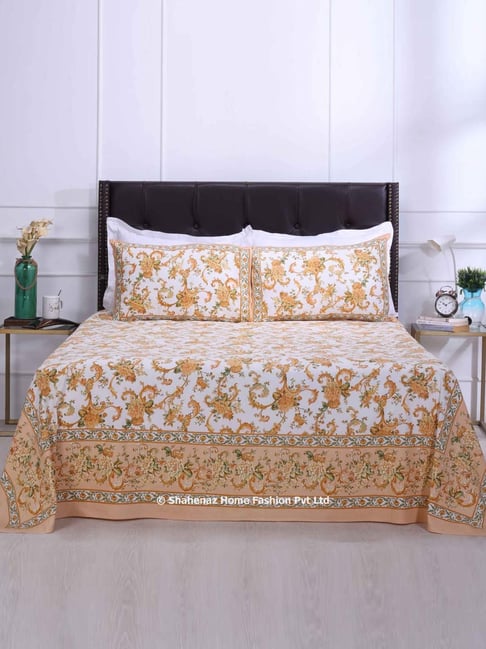 Shahenaz Mustard Yellow 120 TC Cotton Rama Victoria Jaal Double Bedsheet with 2 Pillow Covers-picture-18