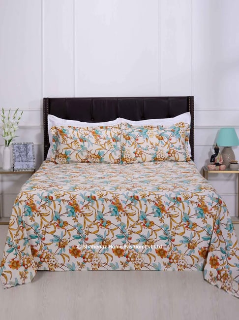 Shahenaz Off White 300 TC Cotton Azalea Garden Luxury Double Bedsheet with 2 Pillow Covers-picture-25