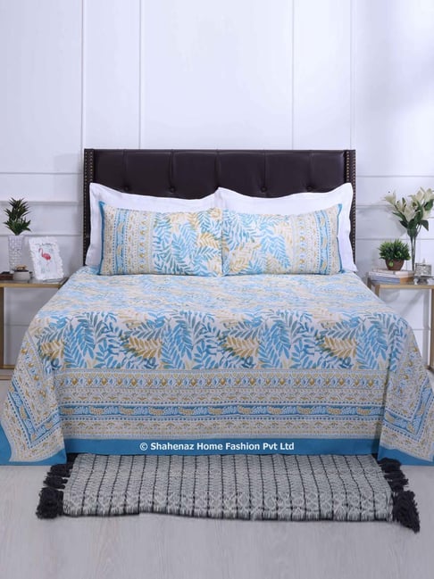 Shahenaz Blue 120 TC Cotton French Leaves Double Bedsheet with 2 Pillow Covers-picture-43
