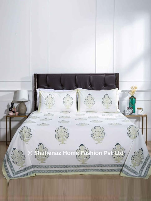 Shahenaz Green 220 TC Cotton Bagh E Hur Double Bedsheet with 2 Pillow Covers-picture-22