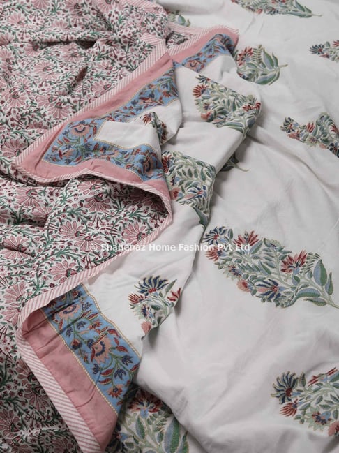 Shahenaz Bagh E Noor Floral Pink & Blue Cotton Double Reversible Dohar