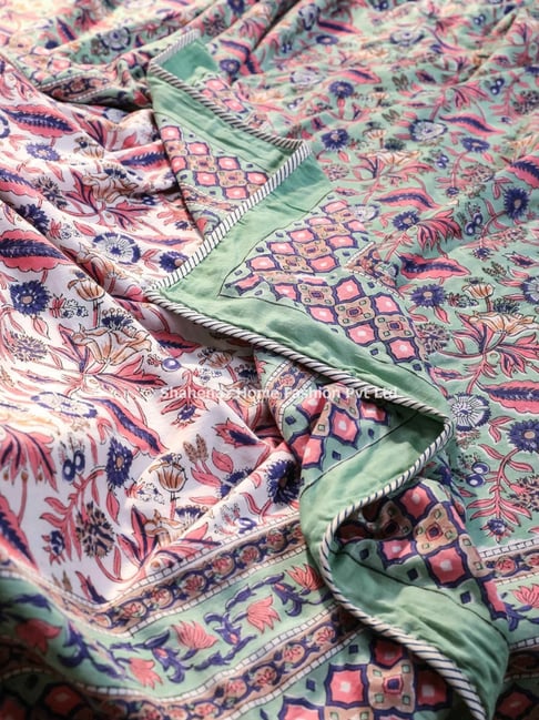 Shahenaz Sunderban Lilly Floral Sea Green Cotton Double Reversible Dohar-picture-19