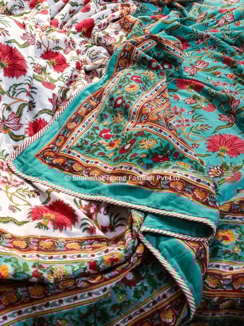 Shahenaz Sunderban Poppies Floral Turquoise Cotton Single Reversible Dohar