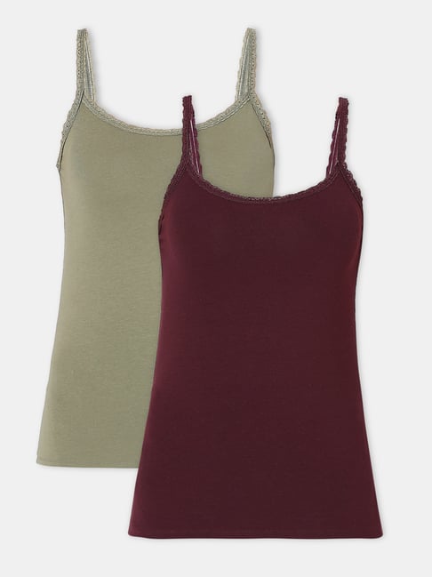 Vero Moda Intimates Green & Maroon Cotton Camisole (Pack Of 2)