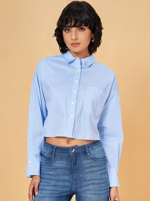 SF Jeans by Pantaloons Blue Cotton Striped Cropped Shirt-image-43
