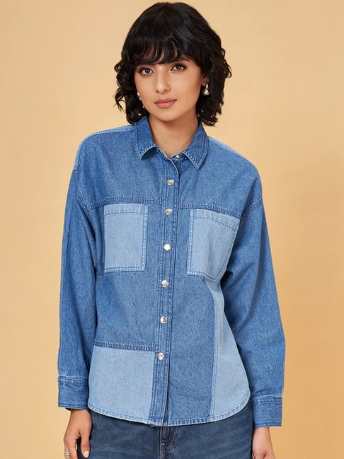 SF Jeans by Pantaloons Blue Cotton Color-Block Shirt-image-44