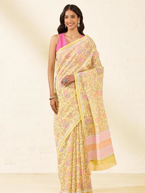 Taneira Yellow Printed Saree With Unstiched Blouse-picture-24