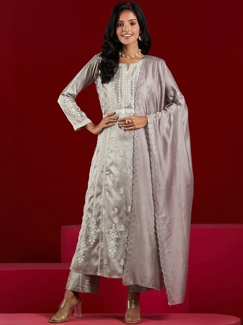 Libas Art Grey Embroidered Kurta Pant Set With Dupatta - Main Image