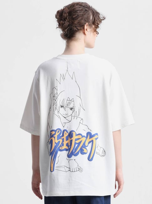 Only Off White Cotton Printed Oversized T-Shirt
