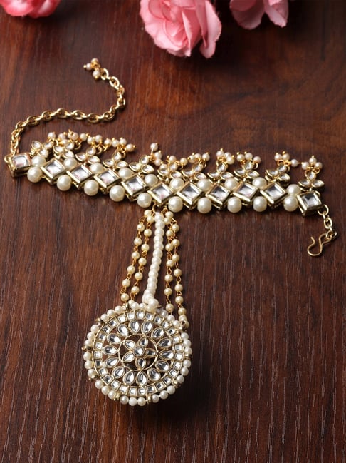 Karatcart Gold-Plated Floral Design Pearl and Kundan Ring Hathphool for  Women