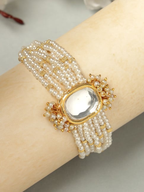 Karatcart Golden Polki Kundan Pearl Beaded Bracelet for Women